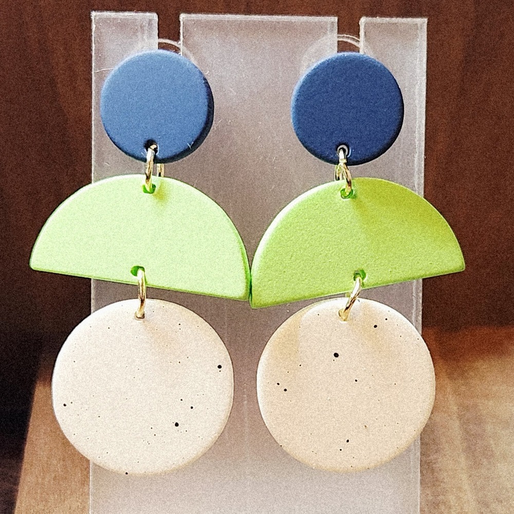Geometric Polymer Clay Drop Earrings Blue Green Speckled Cream Modern Art Deco